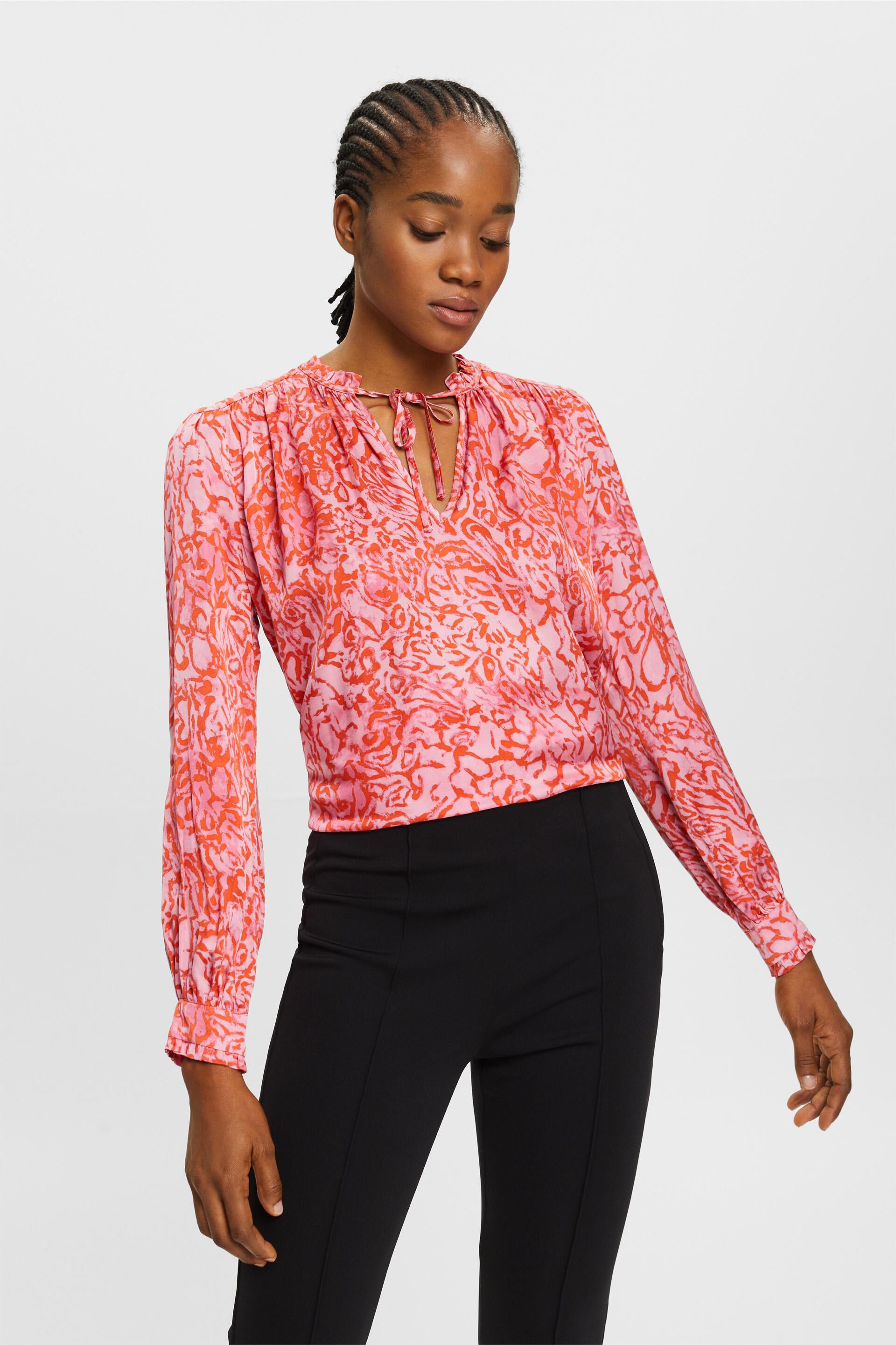 ESPRIT - Patterned satin blouse with ruffled edges at our online shop