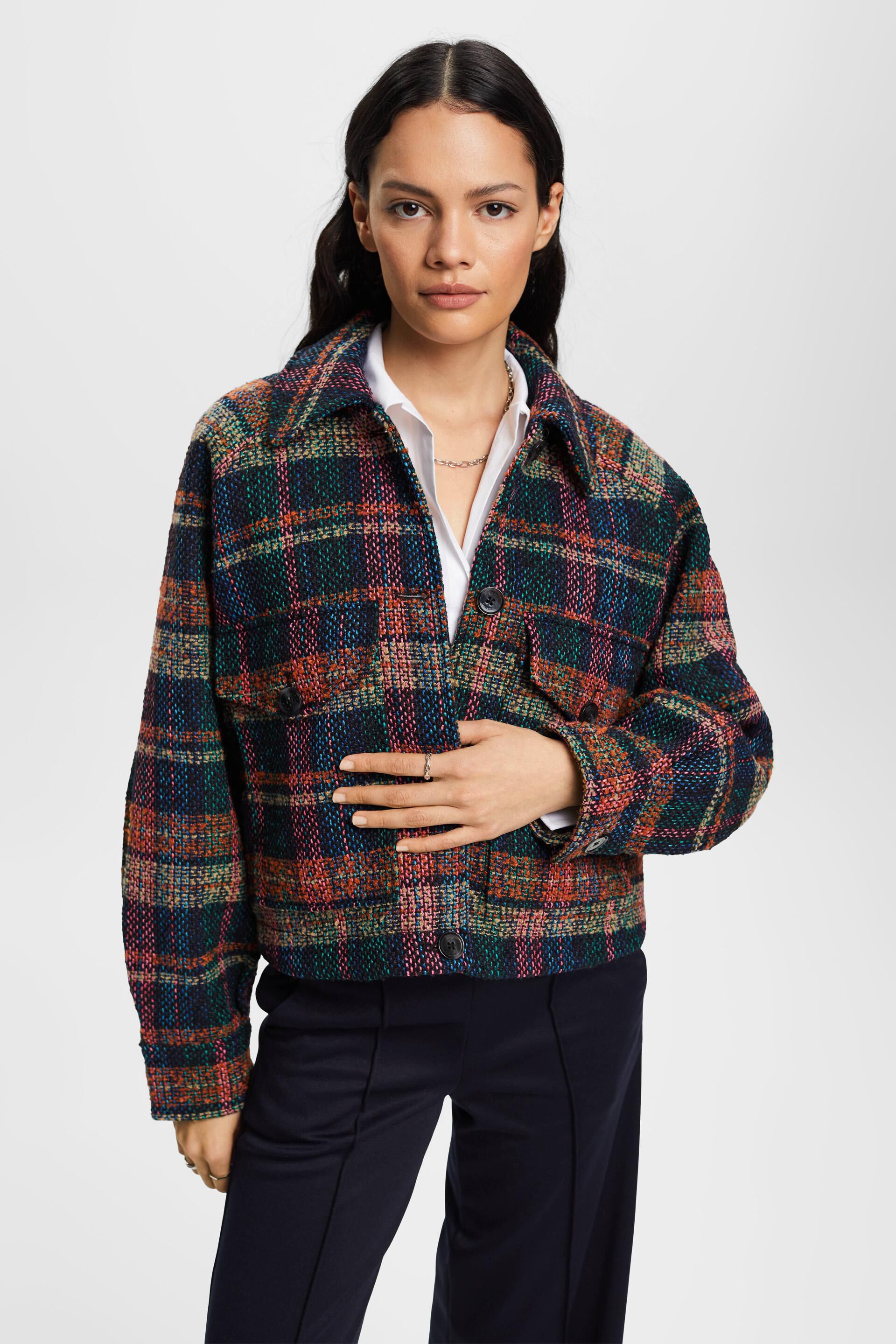 ESPRIT - Tartan patterned tweed jacket with wool at our online shop