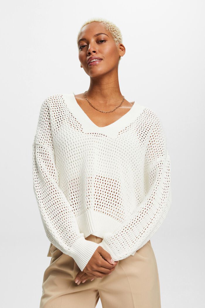 ESPRIT - Sustainable cotton V-neck mesh jumper at our online shop