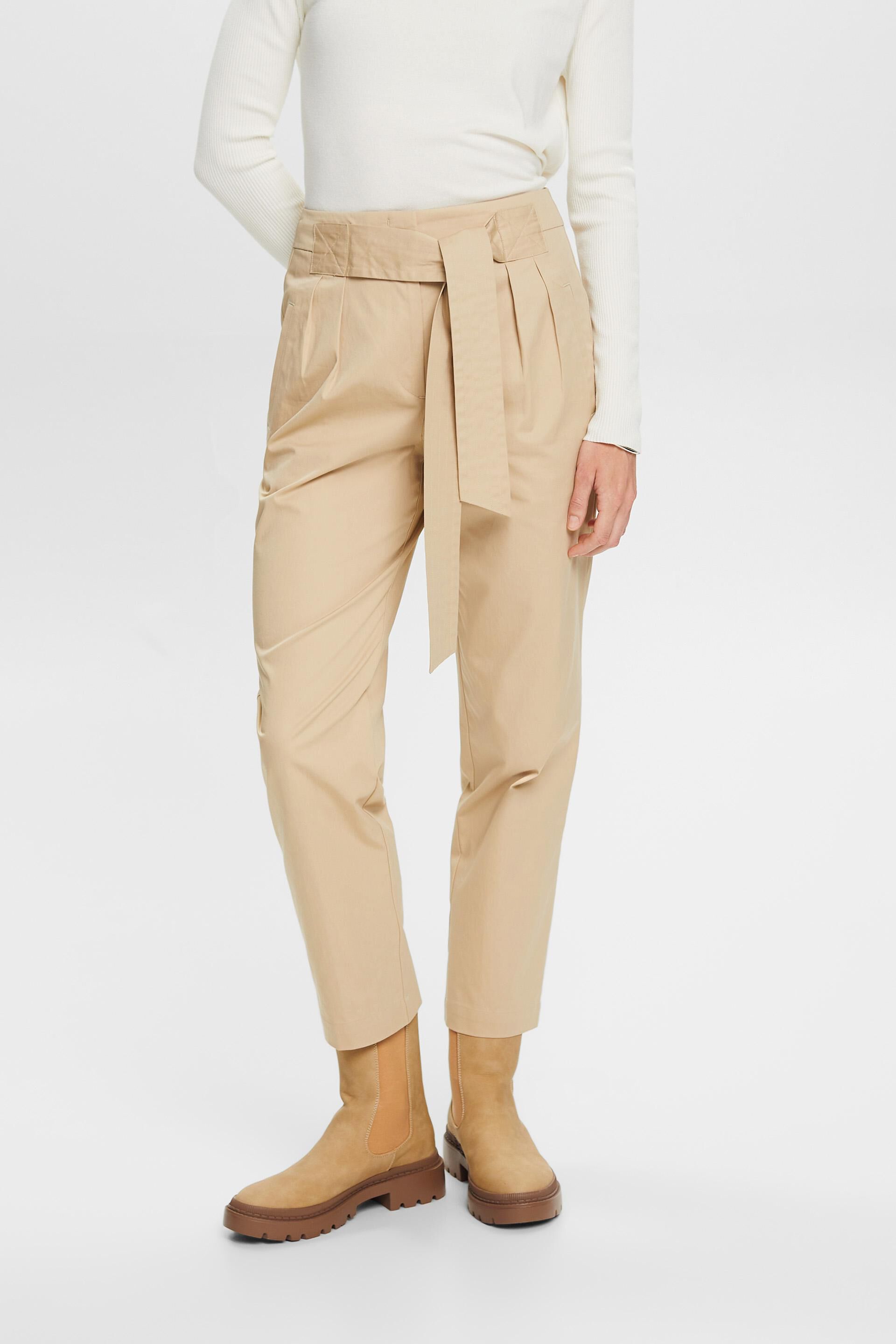 ESPRIT - Chino trousers with a fixed tie belt, 100% cotton at our 