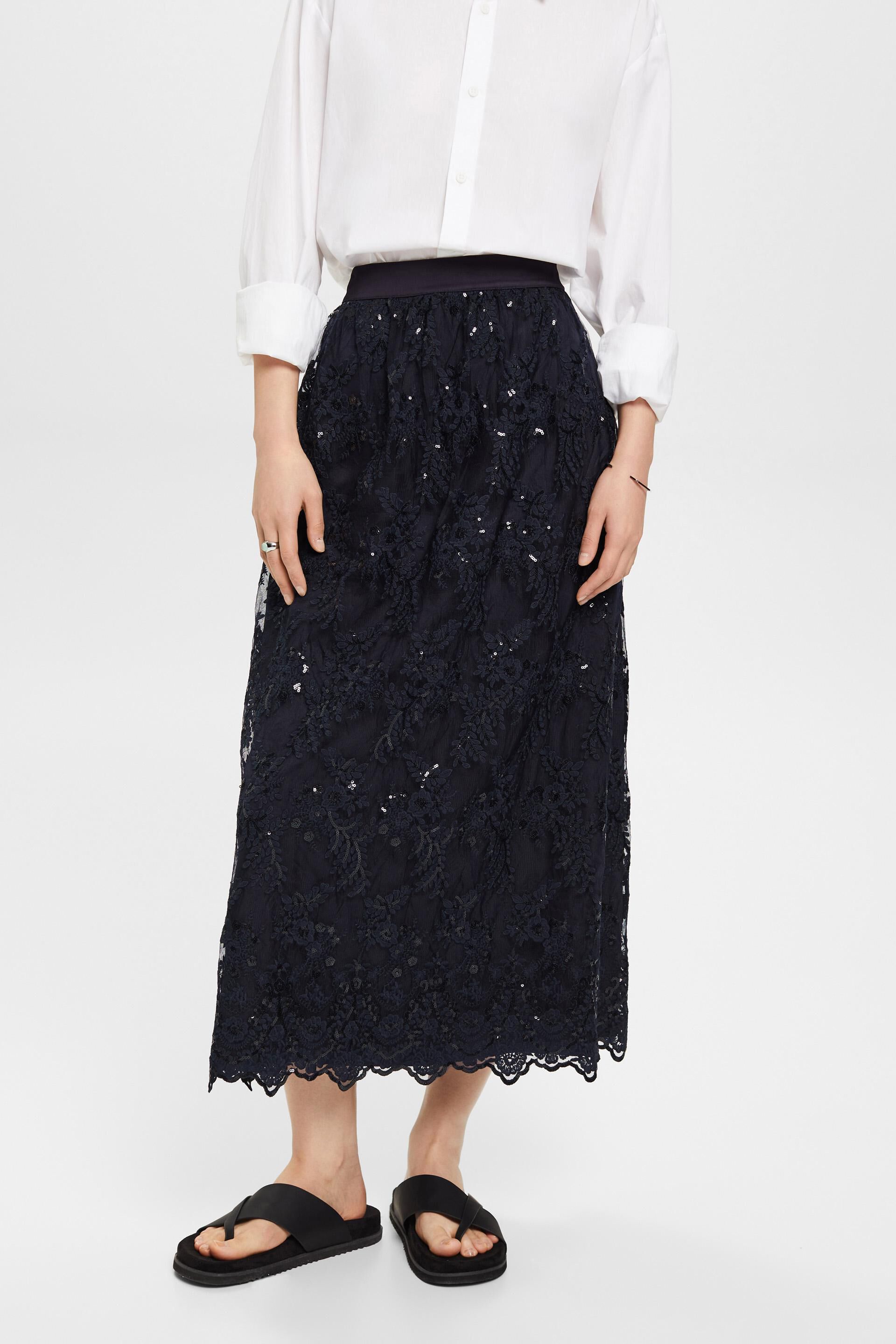 ESPRIT - Midi skirt with embroidered flowers at our online shop