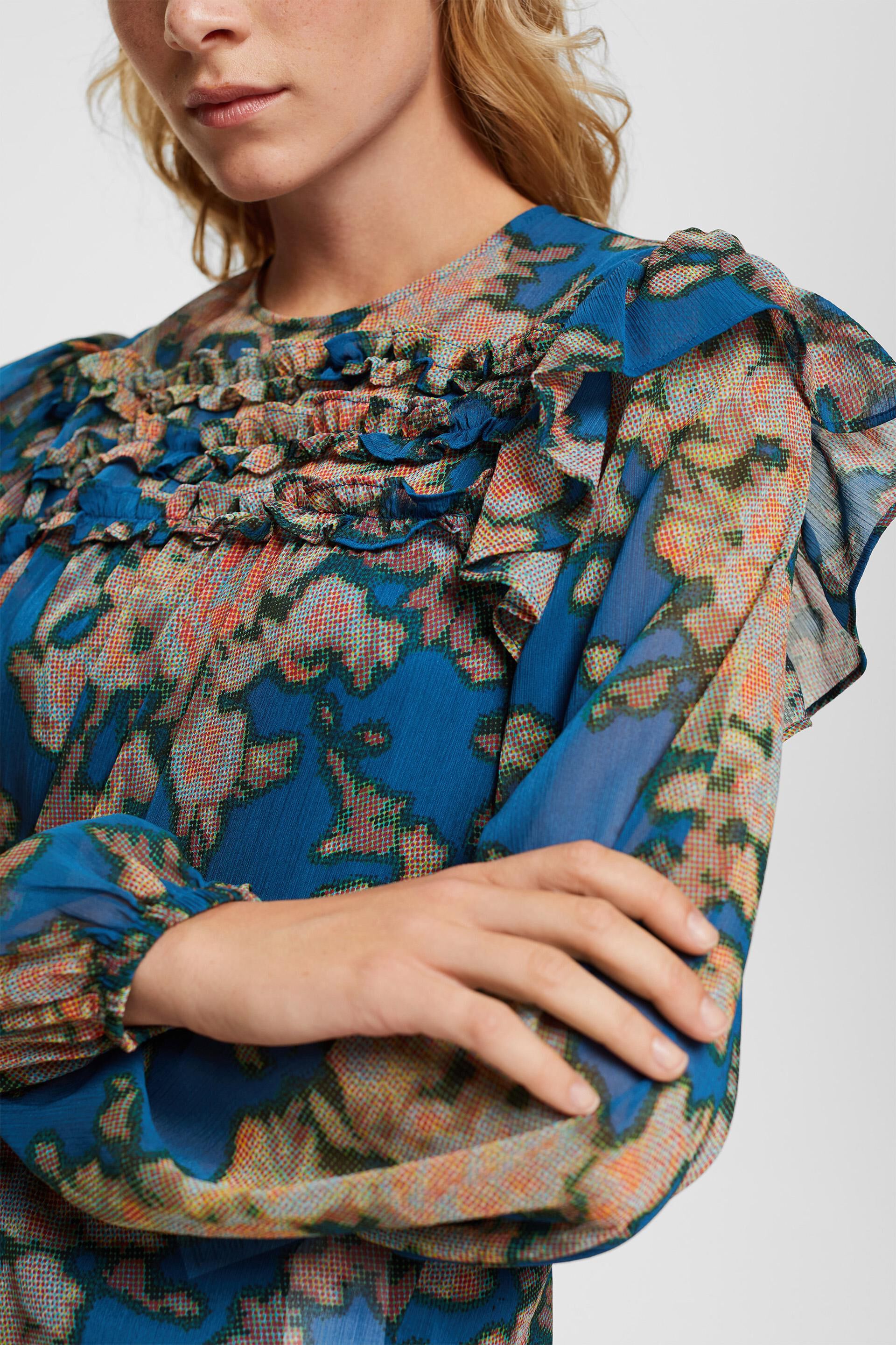 ESPRIT - Printed chiffon blouse with ruffles at our online shop