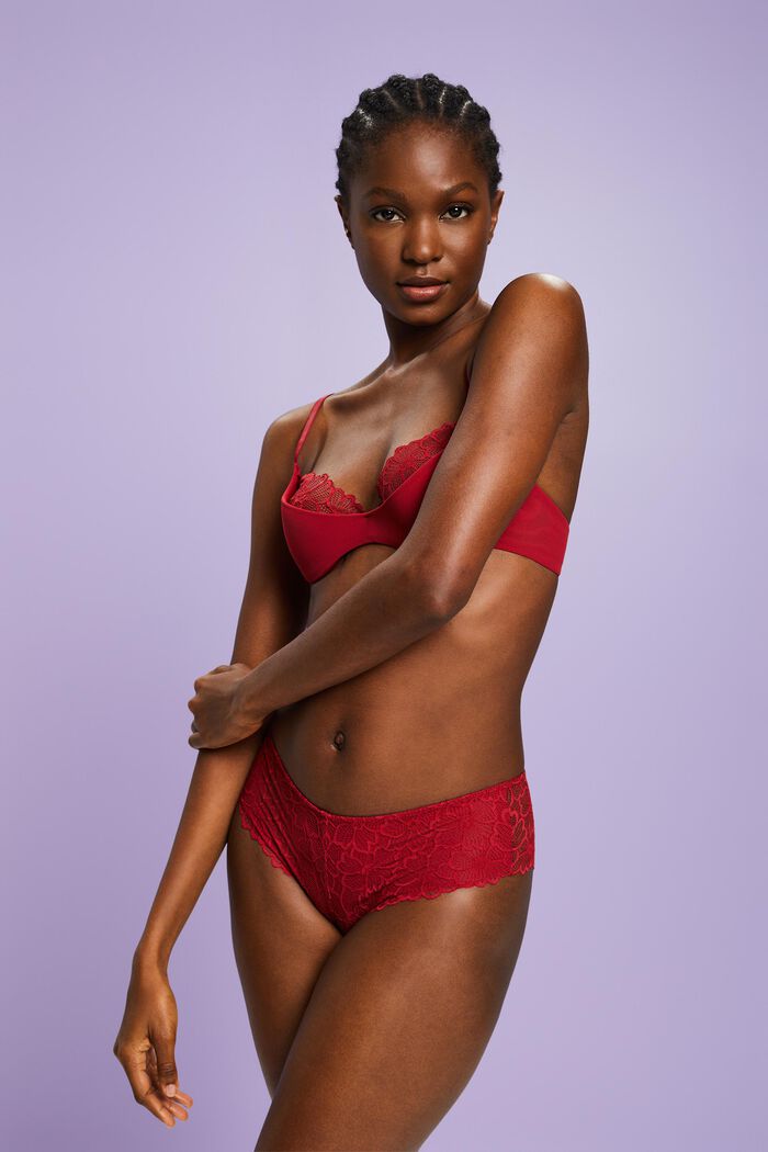 Buy Level 1 Push Up Padded Underwired Demi Cup Bra in Red - Lace