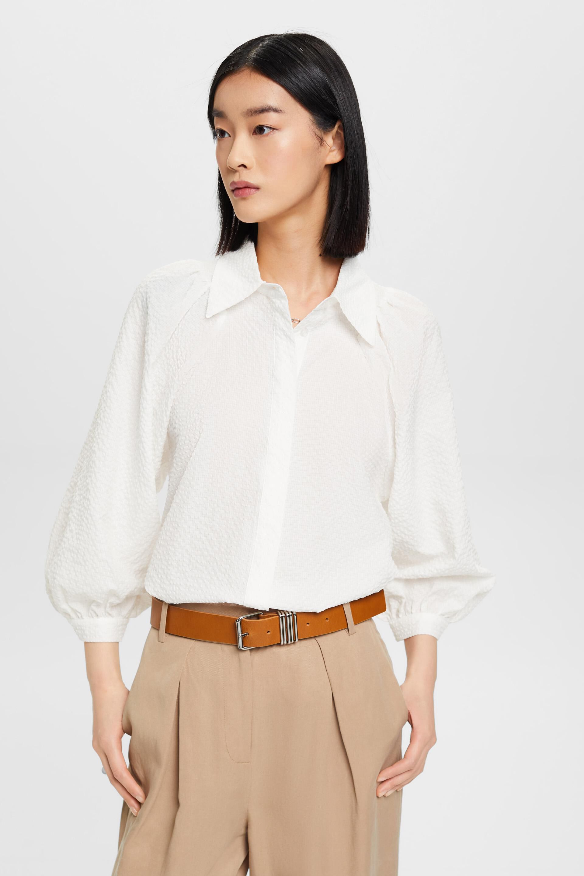 ESPRIT - Seersucker blouse with puffy sleeves at our online shop