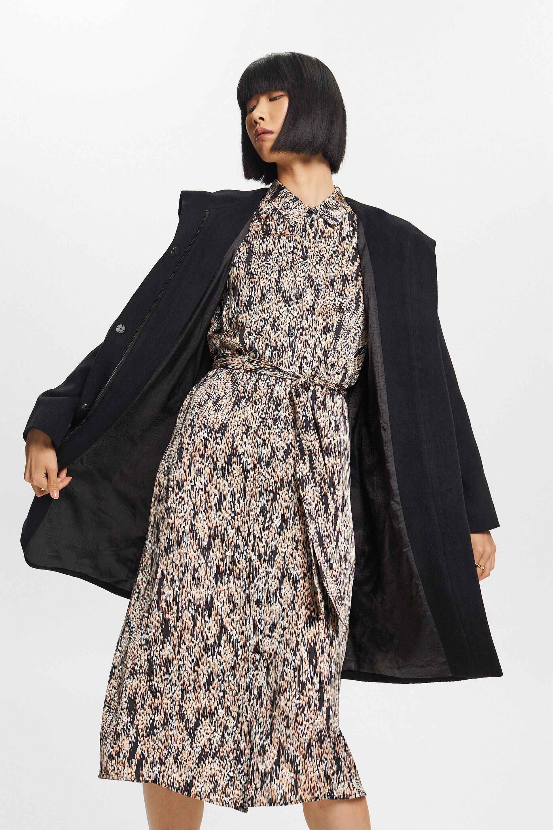 ESPRIT - Recycelt: hooded wool blend coat with belt at our online shop